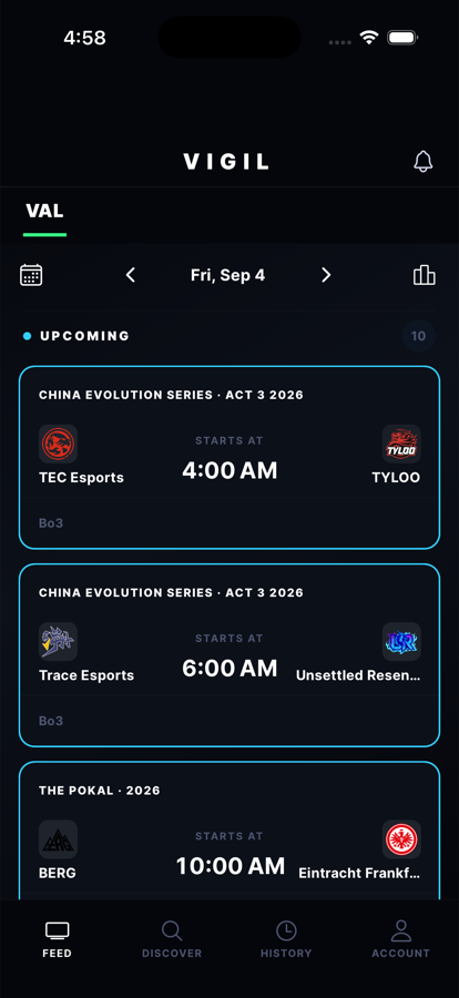 Vigil match schedule feed showing upcoming Valorant matches with start times