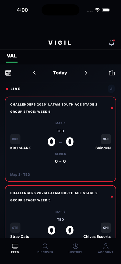 Vigil live match feed showing in-progress Valorant matches with live scores