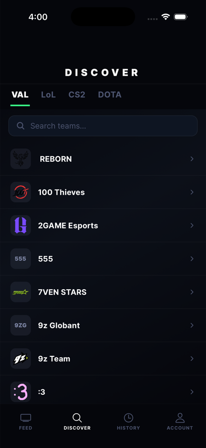 Vigil team discovery screen listing esports teams with logos