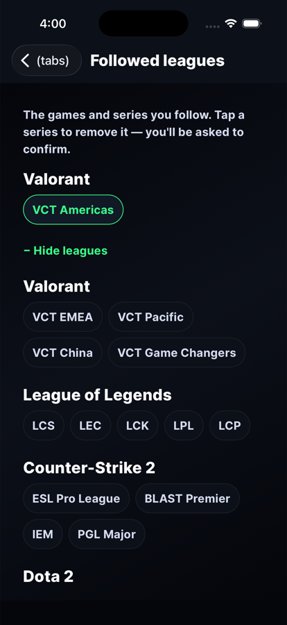 Vigil league selection screen showing followed Valorant, League of Legends, and Counter-Strike circuits