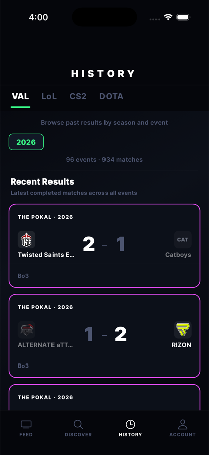 Vigil match history screen showing completed match results with final scores